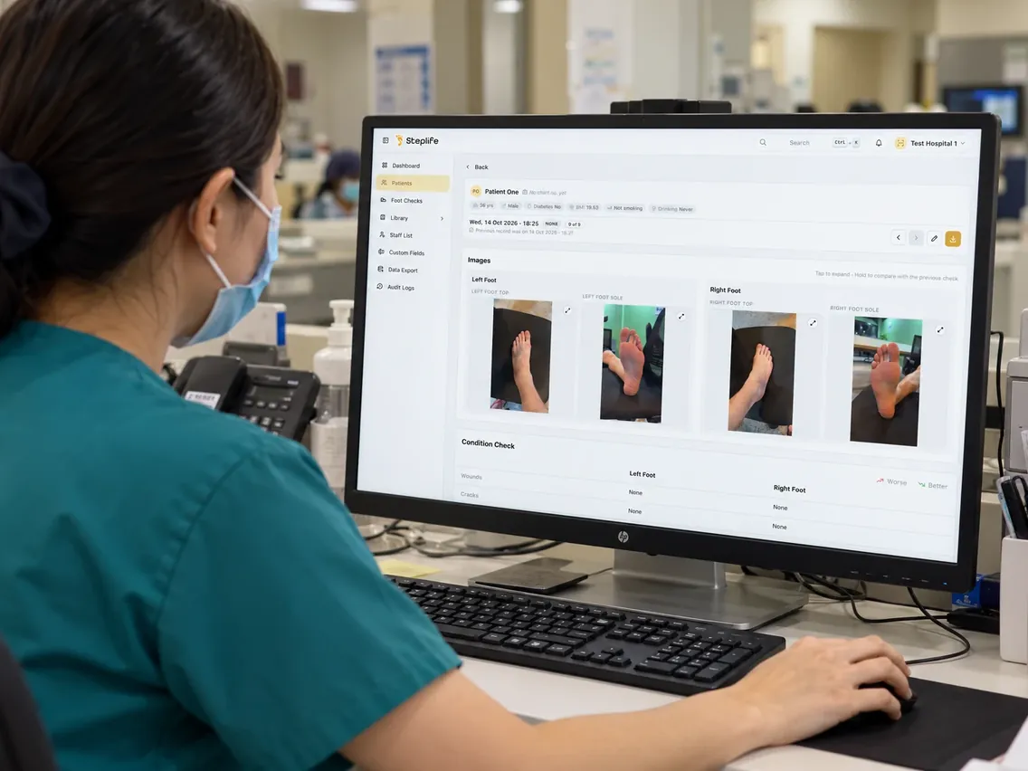 A nurse reviewing a patient's foot photos in the Steplife dashboard